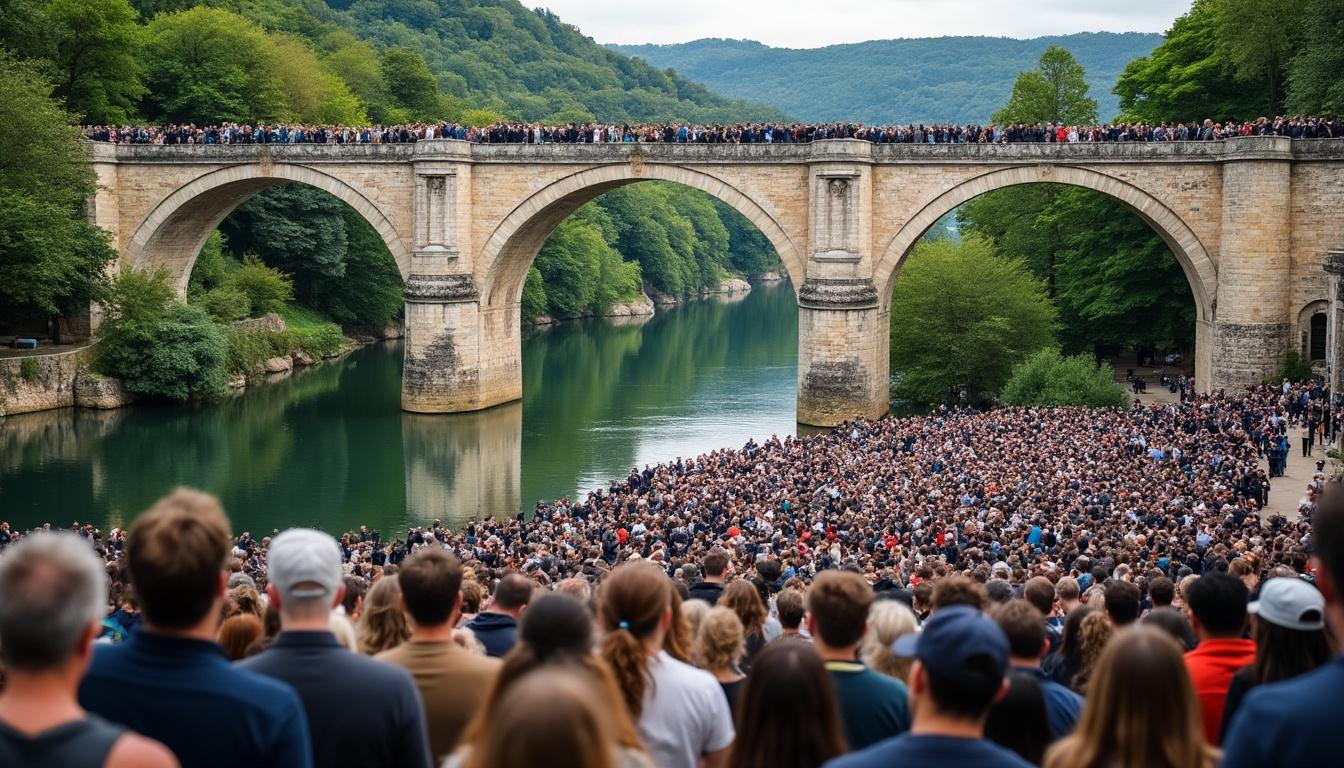 plus de 600 partisans de la déviation de beynac se mobilisent aux pieds des piles du pont en dordogne pour soutenir le projet de contournement et améliorer la circulation locale.